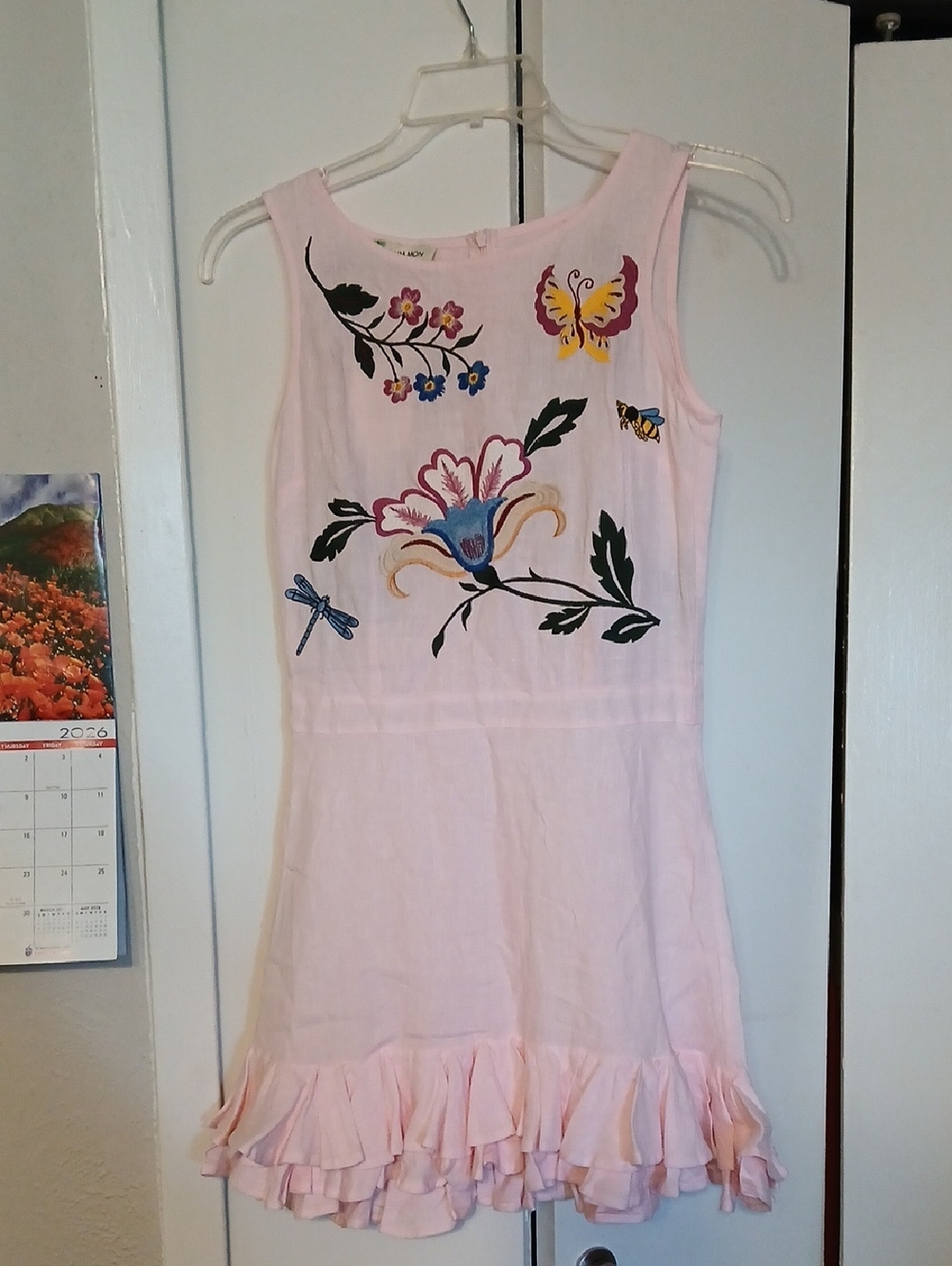 Fanm Mon Pink Sleeveless Embroidered Floral & Butterfly Dress